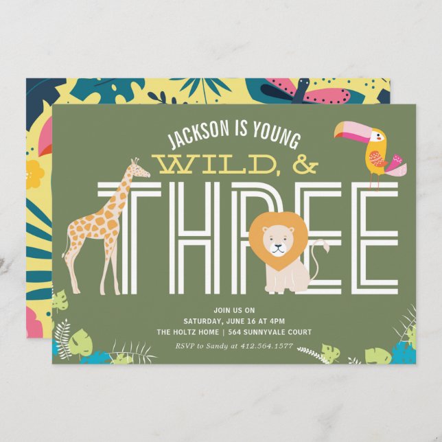 Young, Wild, and Three Boy Birthday Invitations (Front/Back)