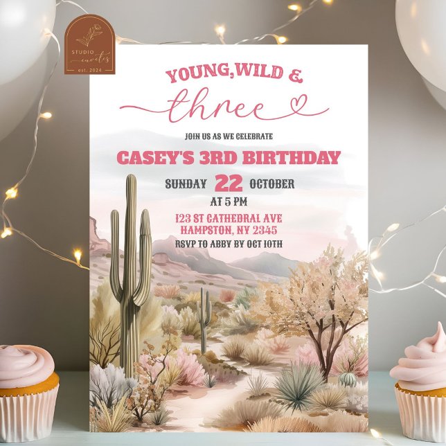 Young Wild and Three Desert Cowgirl Birthday Invitation (Creator Uploaded)