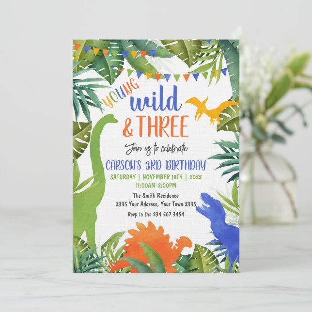 Young Wild and Three Dinosaur Birthday Invitation (Standing Front)