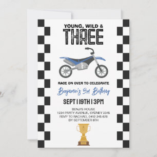 Young Wild And Three Dirt Bike 3rd Birthday Party Invitation
