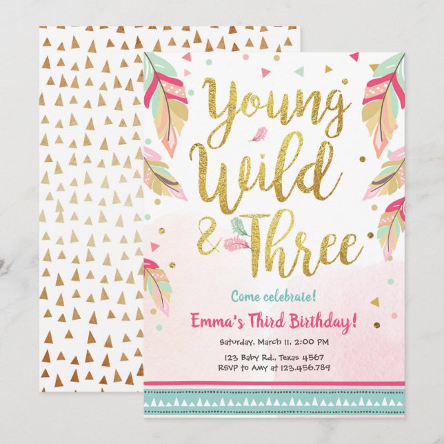 Young Wild and Three Feathers Pink Gold Birthday Invitation (Front/Back)