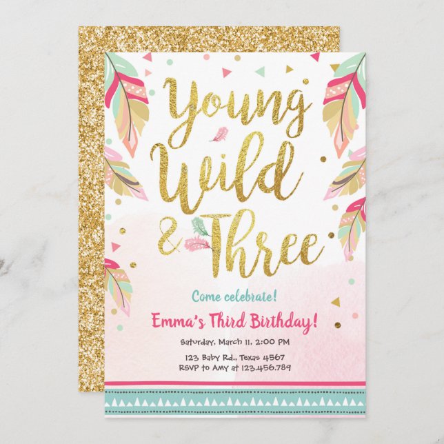 Young Wild and Three Feathers Pink Gold Birthday Invitation (Front/Back)