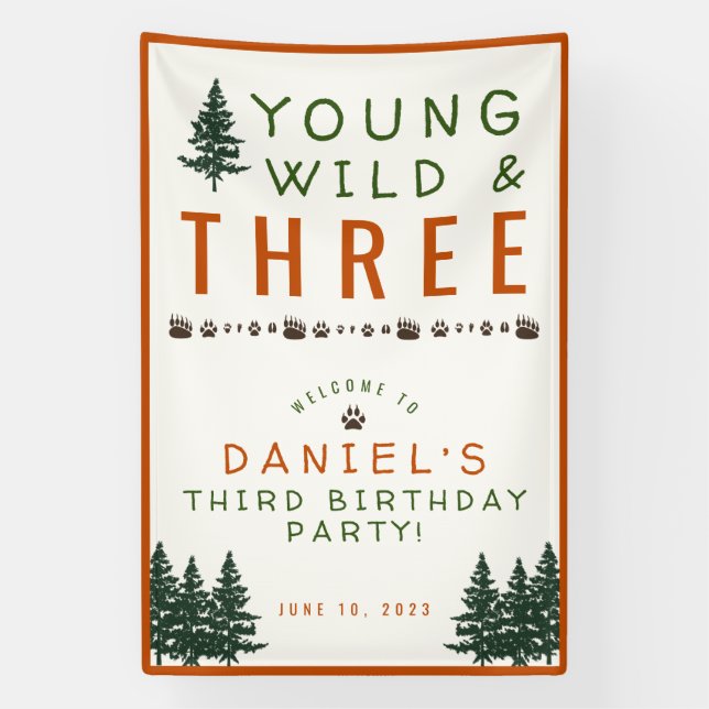Young Wild and Three Forest Birthday Banner (Vertical)