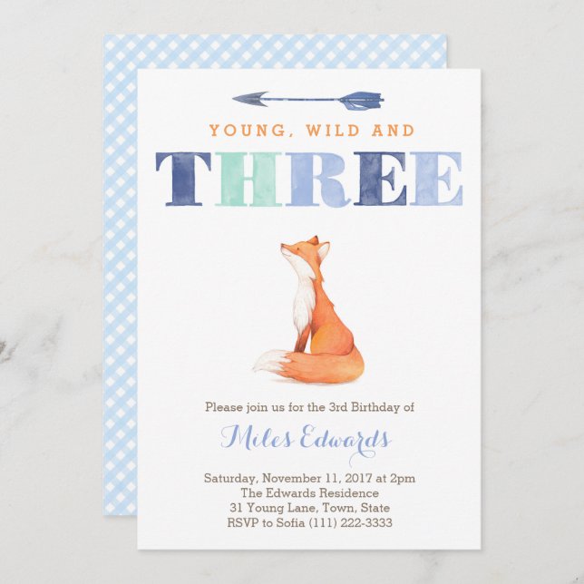 Young Wild and Three Fox 3rd Birthday Party Cards (Front/Back)