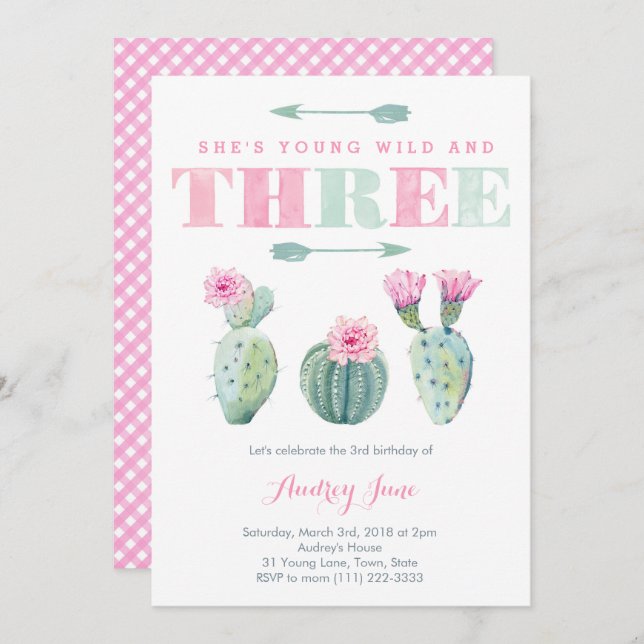 Young Wild and Three Free, Cactus Party Invites (Front/Back)