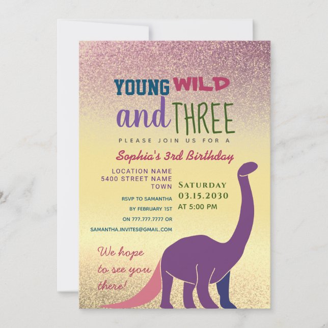 Young Wild and Three Girl 3rd Birthday Invitation (Front)