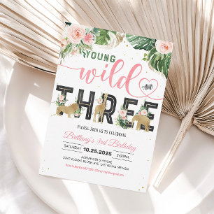 Young Wild and Three Girl 3rd Birthday Invitation