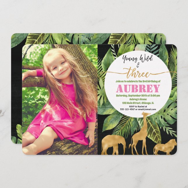 Young wild and three girl birthday invitation gold (Front/Back)