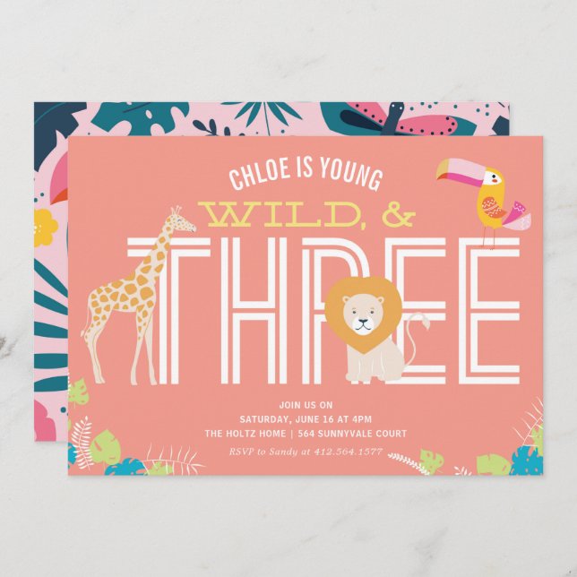 Young, Wild, and Three Girl Birthday Invitations (Front/Back)