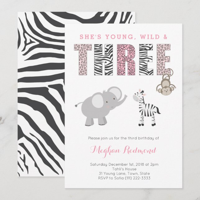Young, Wild and THREE Girl Zoo 3rd Birthday Party Invitation (Front/Back)