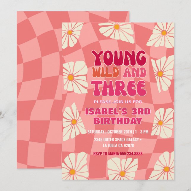 Young Wild and Three | Groovy Daisy Third Birthday Invitation (Front/Back)