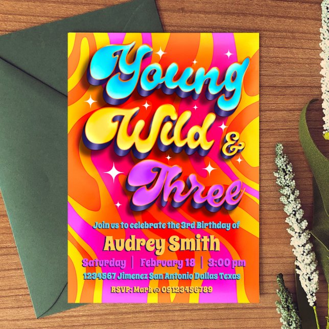 Young Wild and Three - Groovy  Invitation (Creator Uploaded)