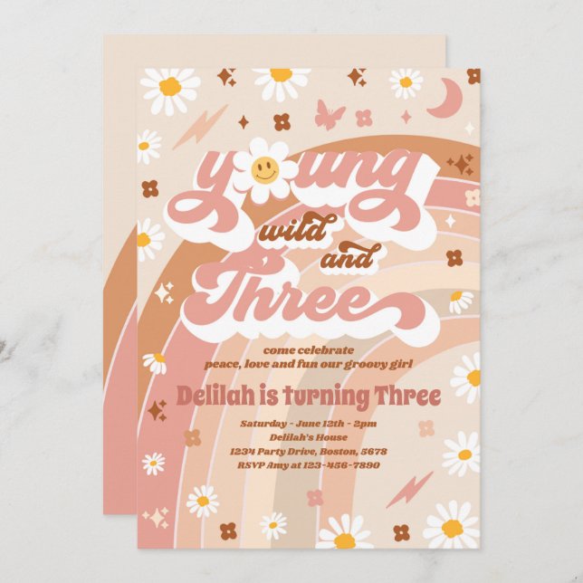 Young Wild And Three Hippie 3rd Birthday Party Invitation (Front/Back)