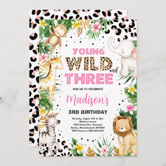 Young Wild And Three Leopard Print Safari Birthday Invitation (Front/Back)