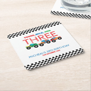 Young Wild and Three Monster Truck Boy Birthday Square Paper Coaster