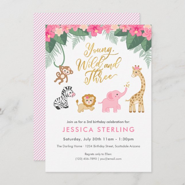 Young Wild and Three - Pink Safari Girl's 3rd Invitation (Front/Back)