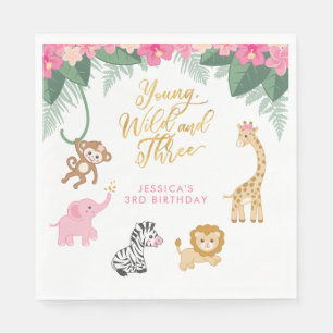 Young Wild and Three - Pink Safari Girl's 3rd Napkin