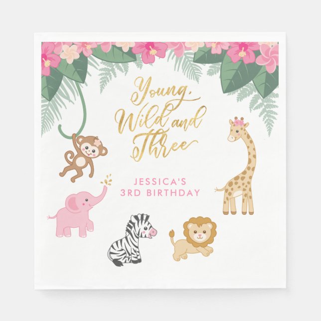 Young Wild and Three - Pink Safari Girl's 3rd Napkin (Front)