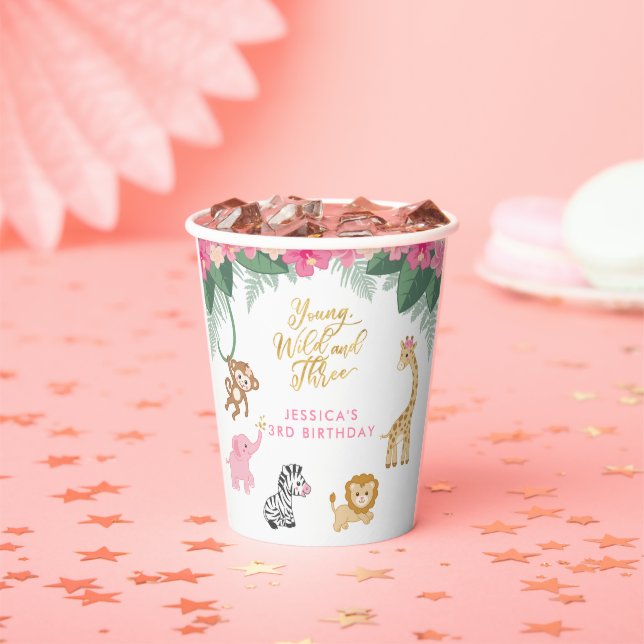 Young Wild and Three - Pink Safari Girl's 3rd Paper Cups (Insitu)