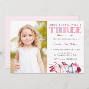 Young Wild and Three, Pumpkin 3rd Birthday Party Invitation