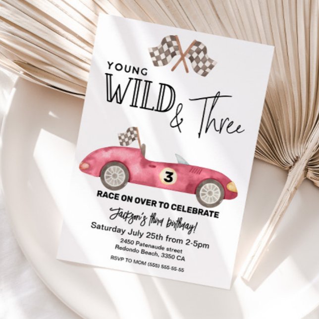 Young Wild and THREE Red Race car 3rd birthday Invitation (Young wild and THREE birthday invitatin, Red race car , third birthday boy)
