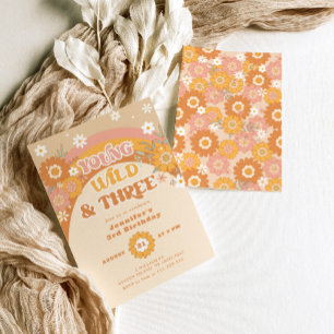 Young wild and three retro birthday Invitation