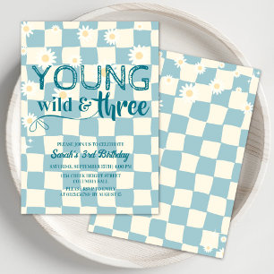 Young Wild and Three Retro Daisy 3rd Birthday Invitation