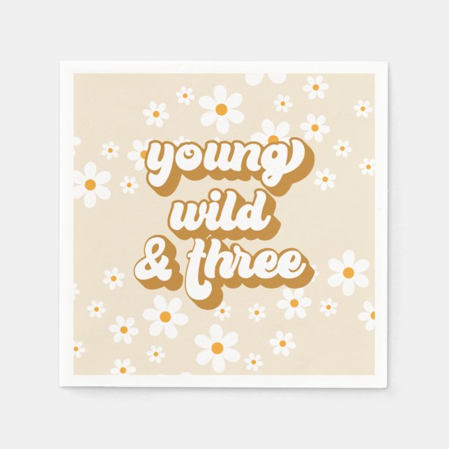 Young Wild and Three Retro Daisy 3rd Birthday Napkin (Front)