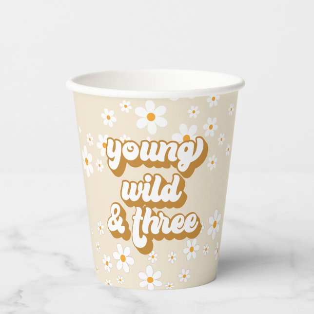 Young Wild and Three Retro Daisy 3rd Birthday Paper Cups (Front)