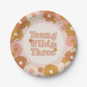Young Wild and Three Retro Daisy 3rd Birthday Paper Plate