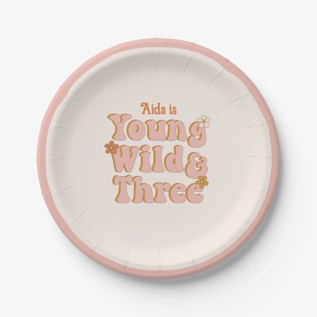 Young Wild and Three Retro Daisy 3rd Birthday Paper Plate (Front)