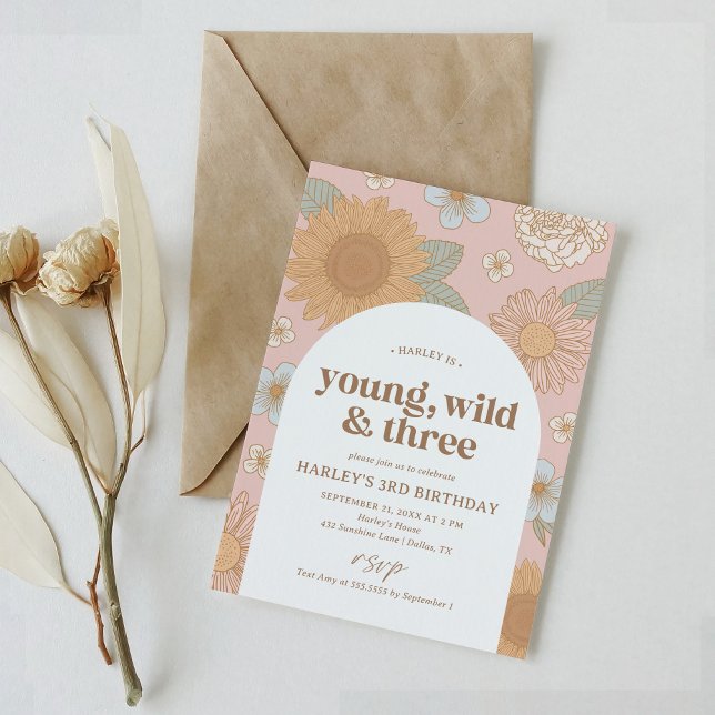 Young Wild and Three Retro Floral 3rd Birthday Invitation (Creator Uploaded)