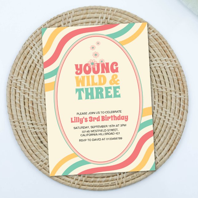 Young Wild And Three Retro Groovy 3rd Birthday Invitation (Creator Uploaded)