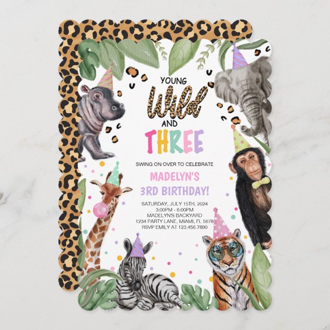 Young Wild and THREE Safari 3rd Birthday Invitation (Front/Back)