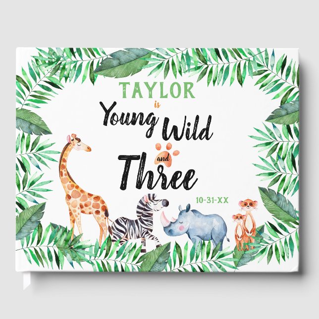 Young Wild And Three Safari 3rd Birthday Party Guest Book (Front)