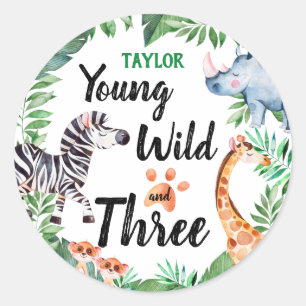 Young Wild and Three Safari Animal 3rd Birthday Classic Round Sticker