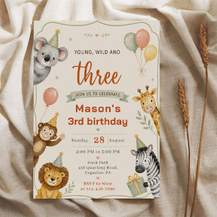 Young Wild And Three Safari Animals 3rd Birthday Invitation
