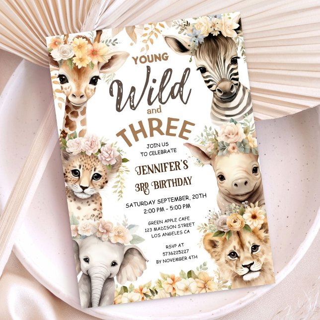 Young Wild and Three Safari Animals 3rd Birthday Invitation (Creator Uploaded)