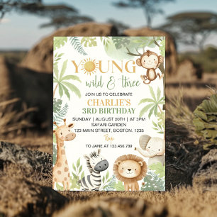 Young Wild and Three Safari Animals Birthday Invitation