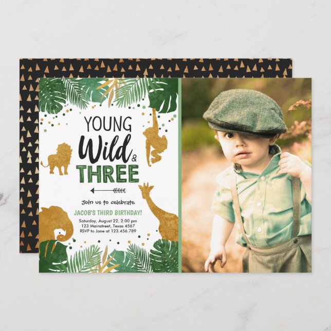 Young Wild and Three Safari Animals Boy Birthday Invitation (Front/Back)
