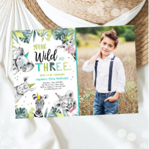 Young Wild and Three Safari Animals Boy Birthday Invitation