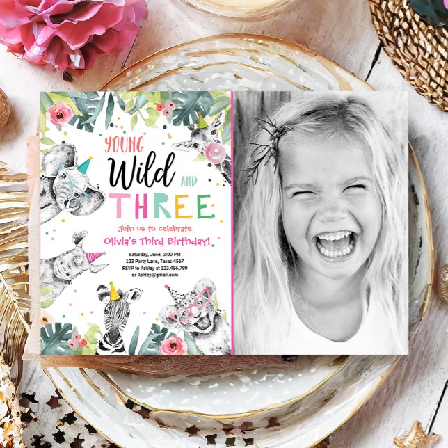 Young Wild and Three Safari Animals Girl Birthday Invitation (Creator Uploaded)