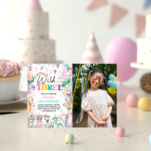 Young Wild and Three Safari Animals Girl Birthday Invitation