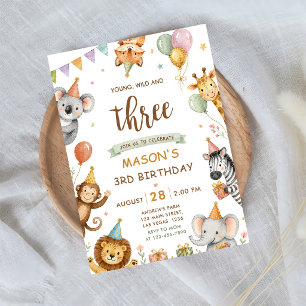 Young Wild and Three Safari Birthday Party Invitation