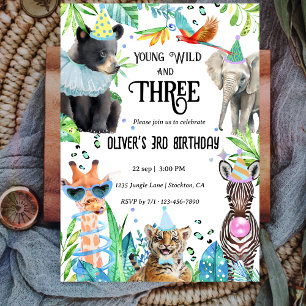 Young Wild and Three Safari Birthday Party  Invitation