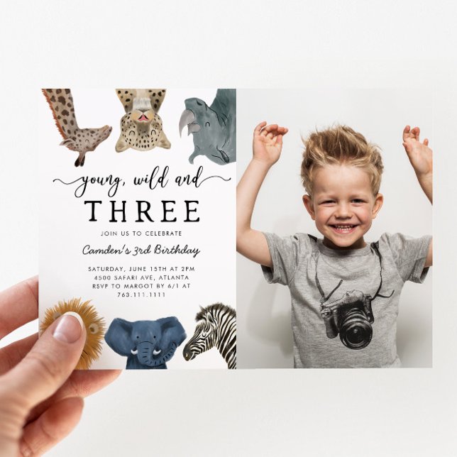 Young Wild and Three Safari Birthday Party Photo Invitation (Creator Uploaded)