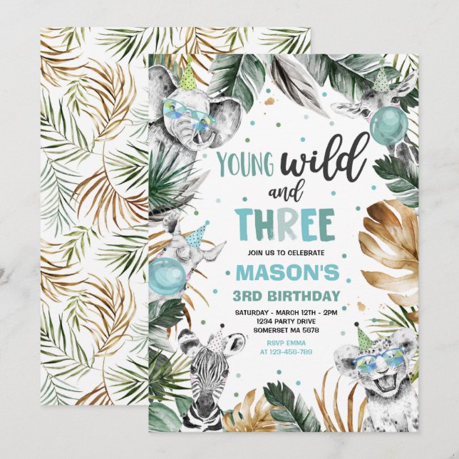Young Wild And Three Safari Jungle Animals Party Invitation (Front/Back)