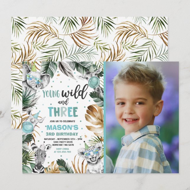 Young Wild And Three Safari Jungle Animals Party Invitation (Front/Back)