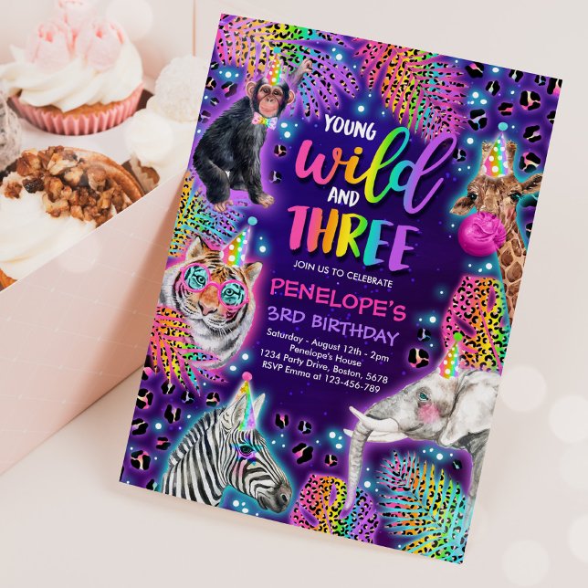 Young Wild And Three Safari Neon Cheetah Birthday Invitation (Creator Uploaded)