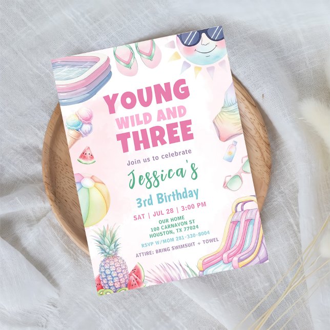 Young Wild And Three - Summer Girl Birthday Party Invitation (Creator Uploaded)